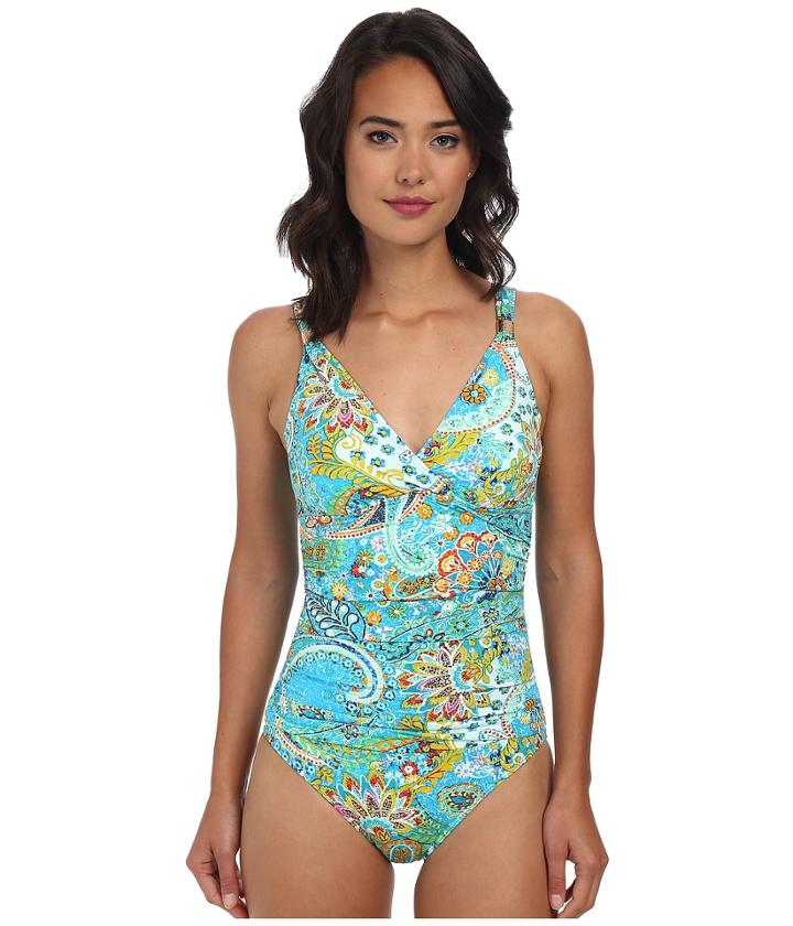 Lauren By Ralph Lauren - Maldives Paisley Shirred Surplice Underwire Mio Slimming Fit One-piece