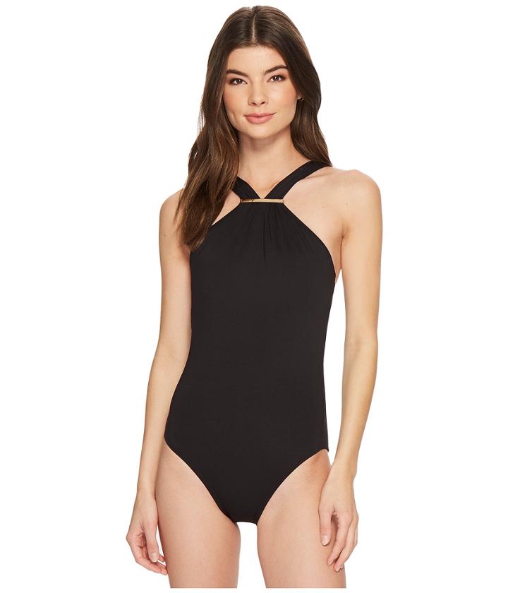 Michael Michael Kors - Iconic Solids Logo Bar High Neck One-piece Swimsuit W/ Removable Soft Cups