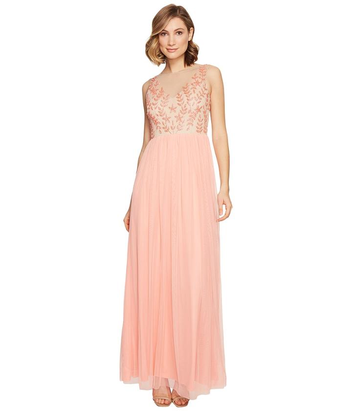 Adrianna Papell - Illusion Beaded Bodice Dress W/ Tuille Skirt
