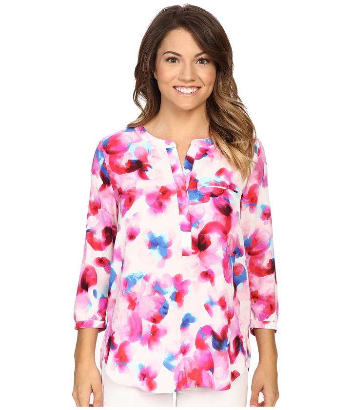 Nydj Petite - Petite 3/4 Sleeve Pleatback Henley Blouse