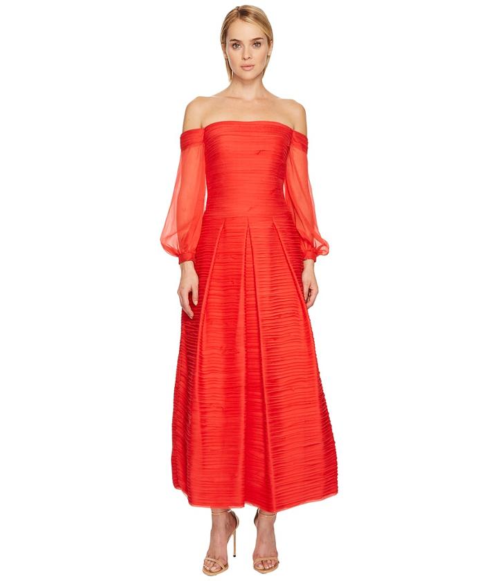 Marchesa Notte - Crinkle Chiffon A-line V-neck Tea Length Gown