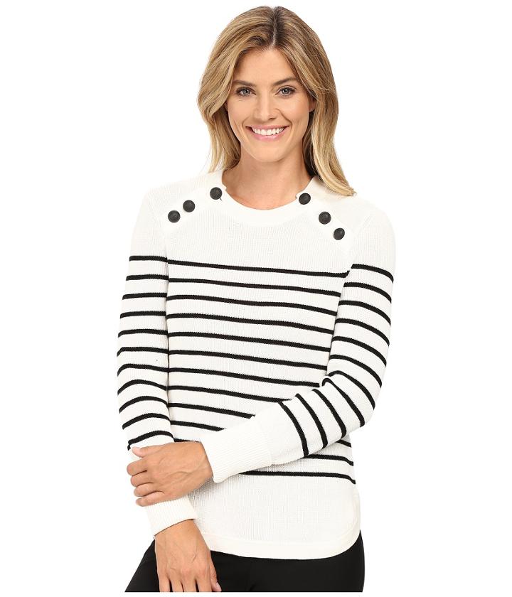Vince Camuto - Long Sleeve Stripe Sweater With Neck Button Trim