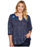 Lucky Brand - Plus Size Embroidered Slit Neck Top