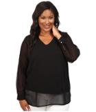 Vince Camuto Plus - Plus Size Long Sleeve Shirttail V-neck Blouse With Knit Underlay