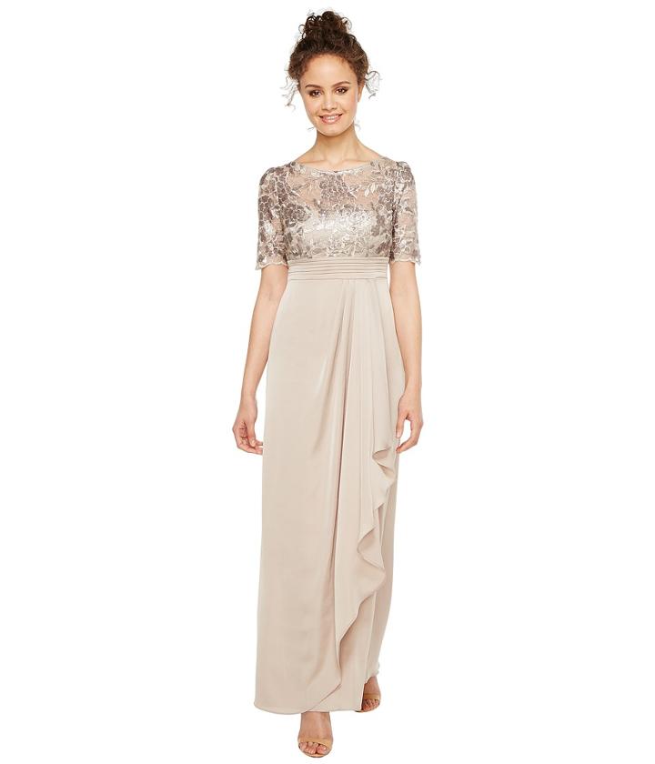 Adrianna Papell - Petite Sequin Embroiderd Draped Gown With Elbow Sleeve