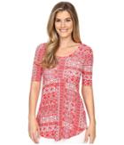 Mod-o-doc - Patchwork Tiles Printed Rayon Spandex Jersey Scoop Neck 3/4 Sleeve Top