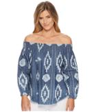 Tribal - Printed Lightweight Denim Off Shoulder Blouse With Frayed Hem