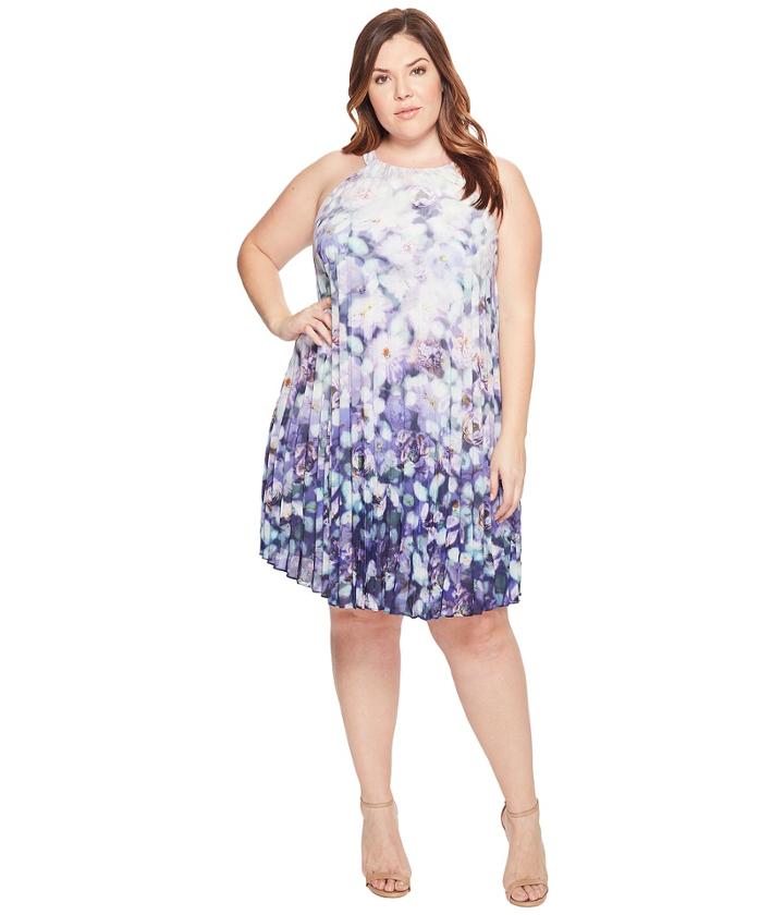 Adrianna Papell - Plus Size Printed Stretch Chiffon Pleated Trapeze Dress