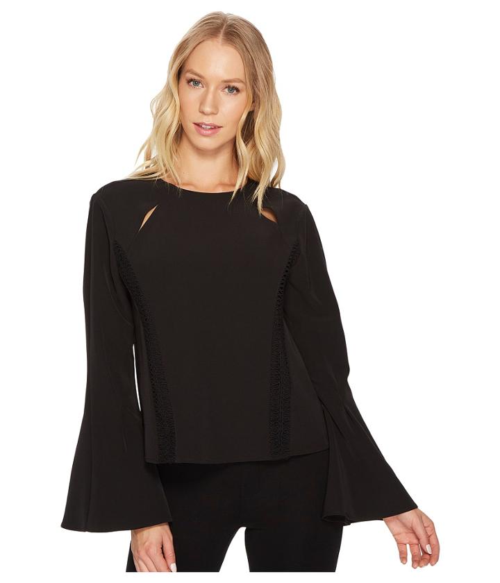Catherine Catherine Malandrino - Scoop Neck Faggoting Insert Long Sleeve Flare Top