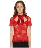 Marchesa - Short Sleeve Lace Top W/ Satin Bow