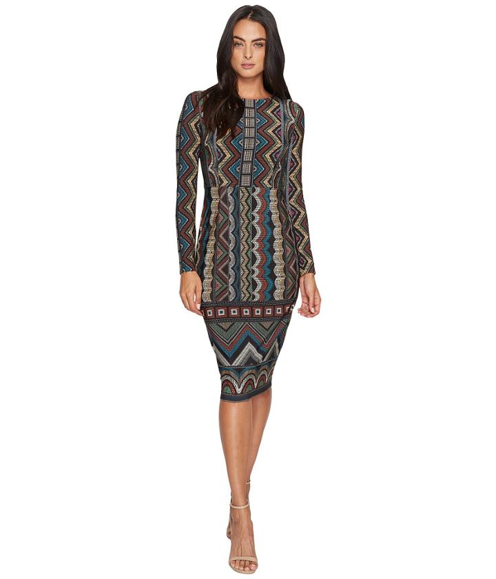 Maggy London - Printed Jersey Sheath With Long Sleeve And Border