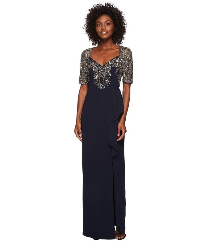 Adrianna Papell - Elbow Sleeve Bead Bodice Gown With Cascade Crepe Skirt