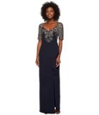 Adrianna Papell - Elbow Sleeve Bead Bodice Gown With Cascade Crepe Skirt