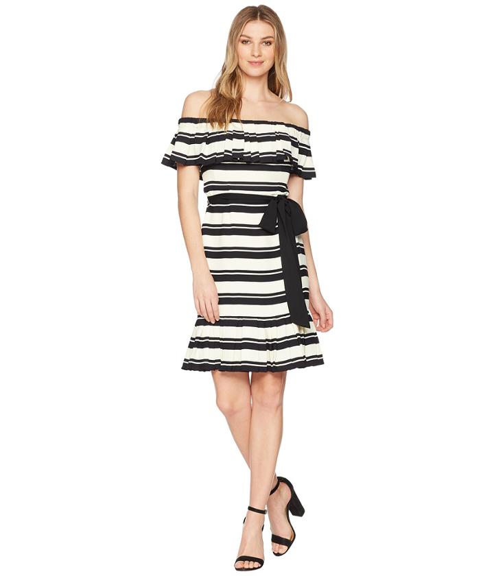 Halston Heritage - Off Shoulder Flounce Sleeve Striped Dress
