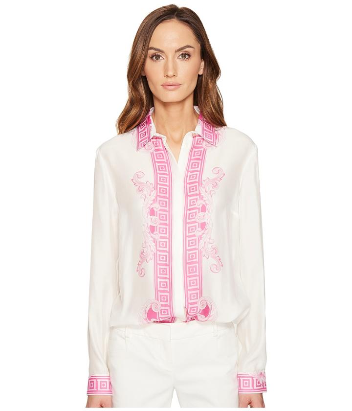 Versace Collection - Button Up Long Sleeve Printed Trim Blouse