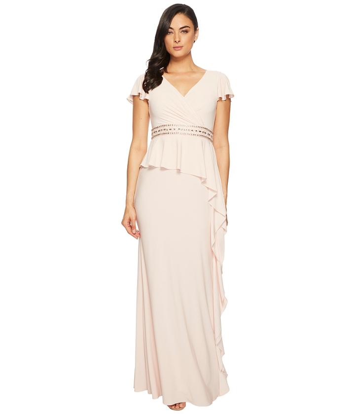 Adrianna Papell - Short Sleeve Draped Jersey Gown With Beaded Waist And Asymmetrical Peplum