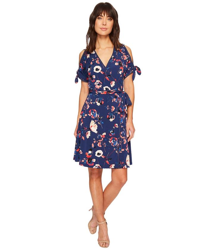 Ivanka Trump - Matte Jersey Floral Cold Shoulder Faux Wrap Dress