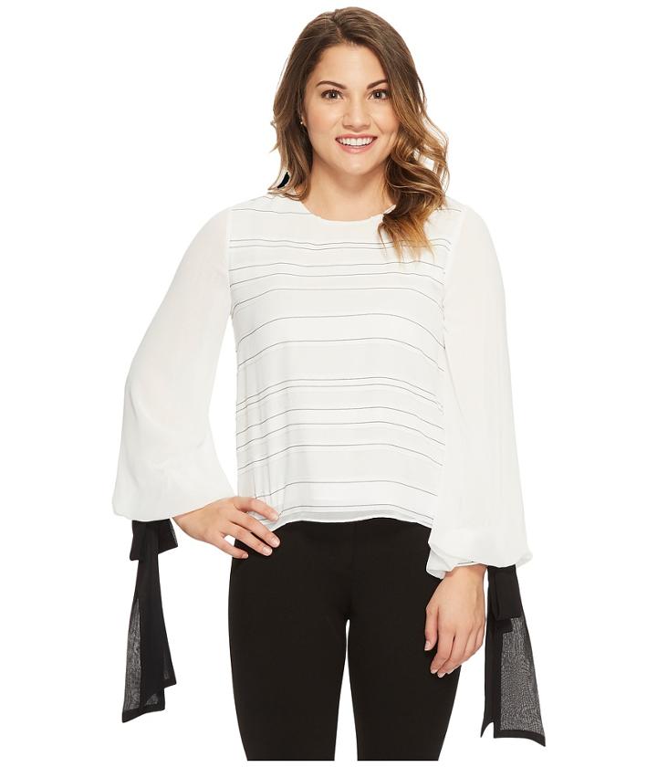 Vince Camuto Specialty Size - Petite Tie Cuff Bubble Sleeve Sheer Jacquard Stripe Blouse