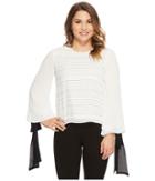 Vince Camuto Specialty Size - Petite Tie Cuff Bubble Sleeve Sheer Jacquard Stripe Blouse