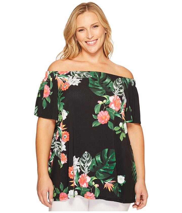Vince Camuto Specialty Size - Plus Size Short Sleeve Havana Tropical Off Shoulder Top