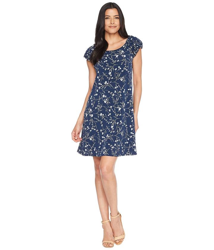 Cece - Puffed Sleeve Graceful Floral Knit Dress