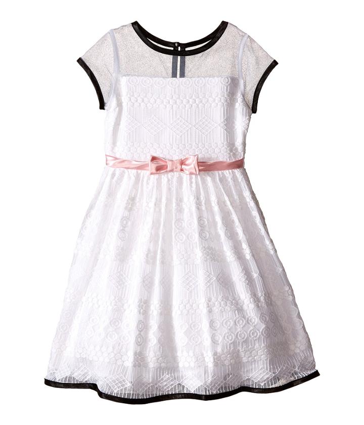 Us Angels - Geo Lace Short Sleeve Dress W/ Mesh Yoke Satin Belt