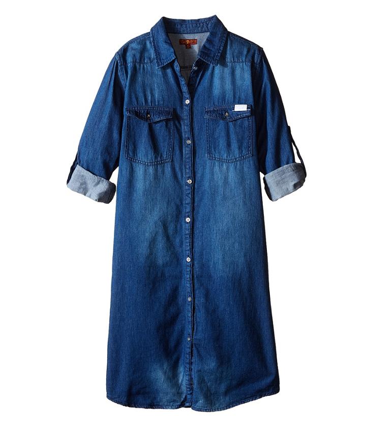 7 For All Mankind Kids - Collared Denim Roll Tab Sleeve Shirtdress
