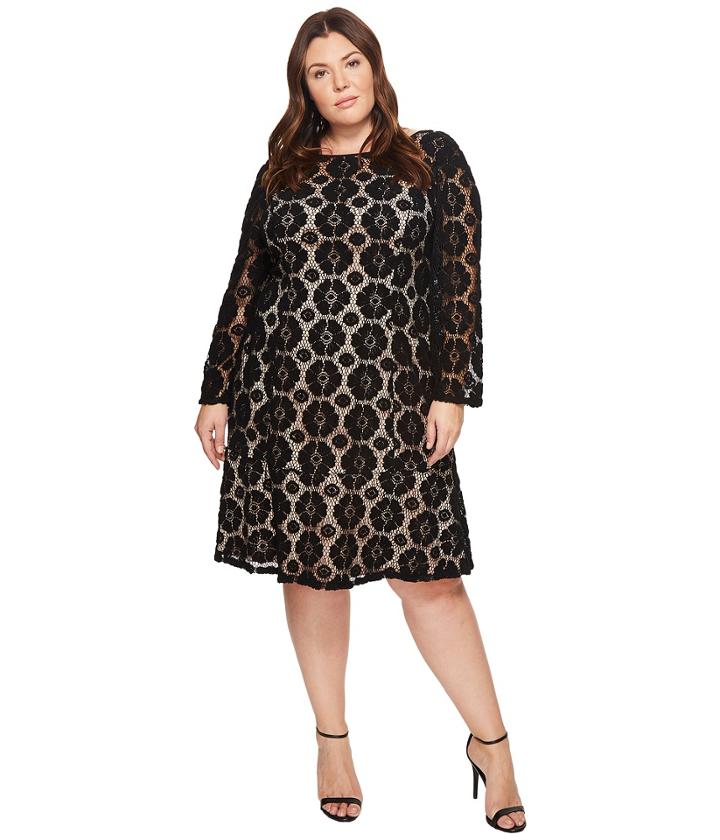 Adrianna Papell - Plus Size Textural Floral And Dot Lace Sheath Dress With Flounce Hem