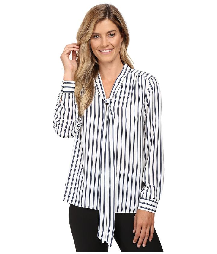 Vince Camuto - Long Sleeve Cargo Stripe Tie Neck Blouse