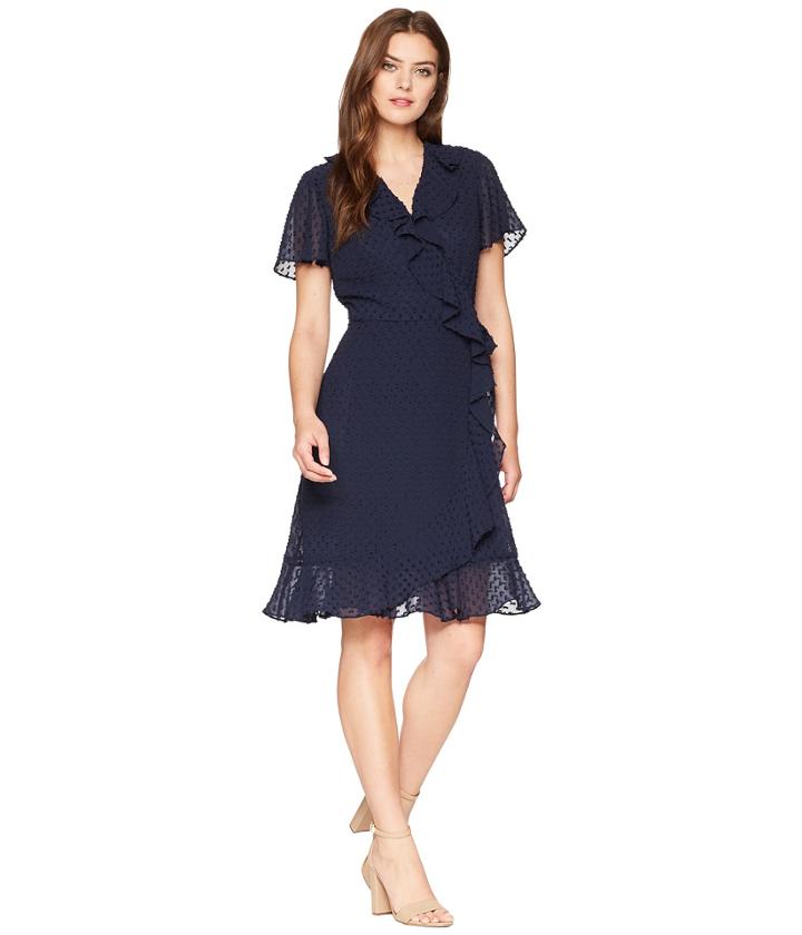 Tahari By Asl - Swiss Dot Ruffle Wrap Dress