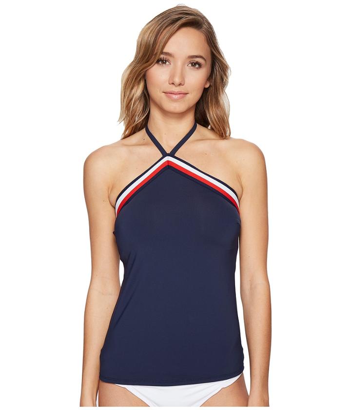 Tommy Hilfiger - Signature Stripe Mitered Elastic Tankini Top W/ Removable Soft Cups