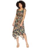 Maggy London - Rainbow Ikat Printed Jersey Hi Low Maxi With Ruched Shoulder Detail