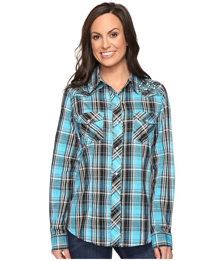 Roper - 0651 Turquoise Plaid Embroidery Shirt