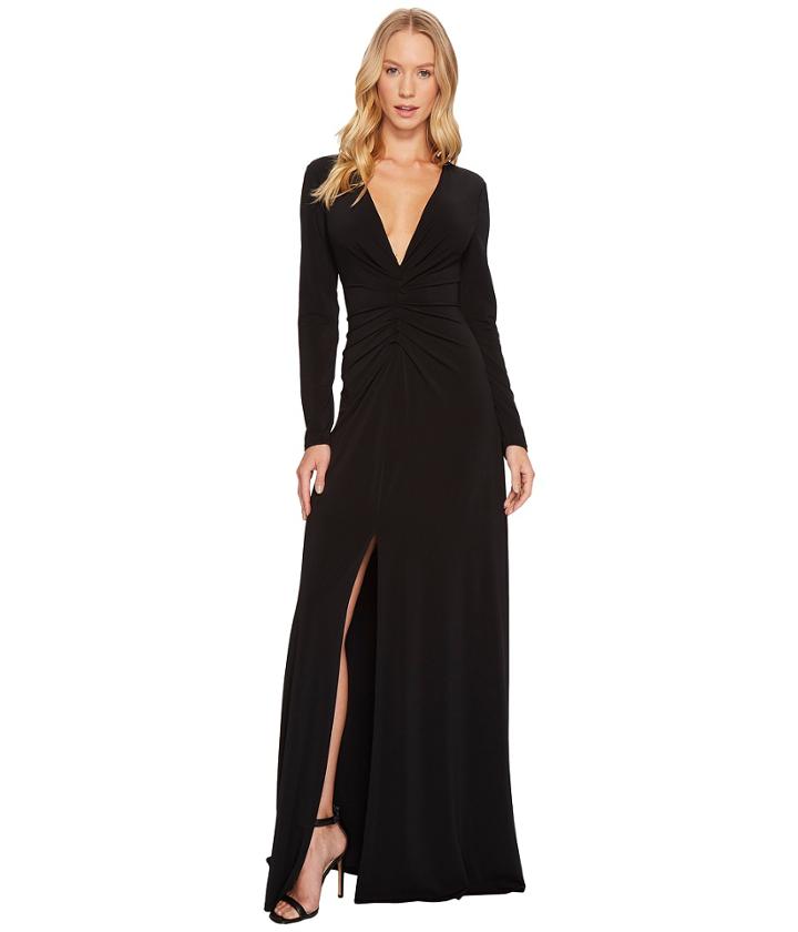 Halston Heritage - Long Sleeve V-neck Rouched Front Gown