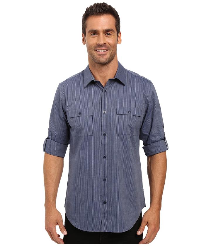 Calvin Klein - Long Sleeve Yarn-dye Denim Stripe Rollup Woven Shirt