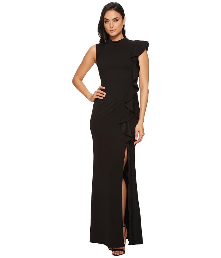 Adrianna Papell - Sleeveless Mock Neck Flutter Accent Knit Crepe Gown