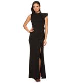 Adrianna Papell - Sleeveless Mock Neck Flutter Accent Knit Crepe Gown