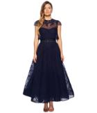 Marchesa Notte - Honeycomb Textured Tulle Tea Length Gown W/ Short Sleeve Overlay