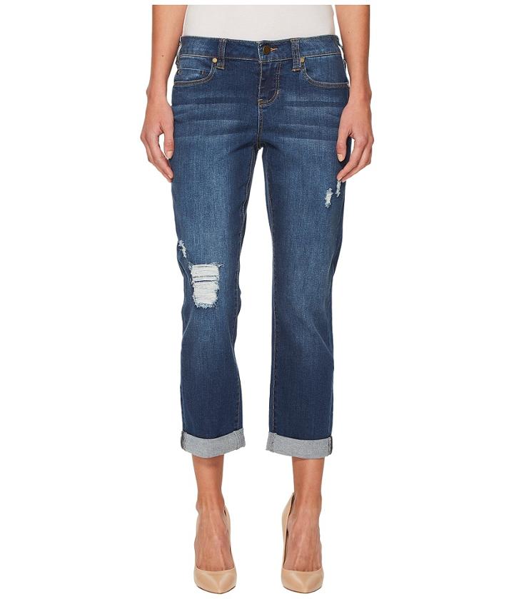 Liverpool - Petite Distressed Boyfriend Jeans In Montauk Mid Blue Dest/indigo