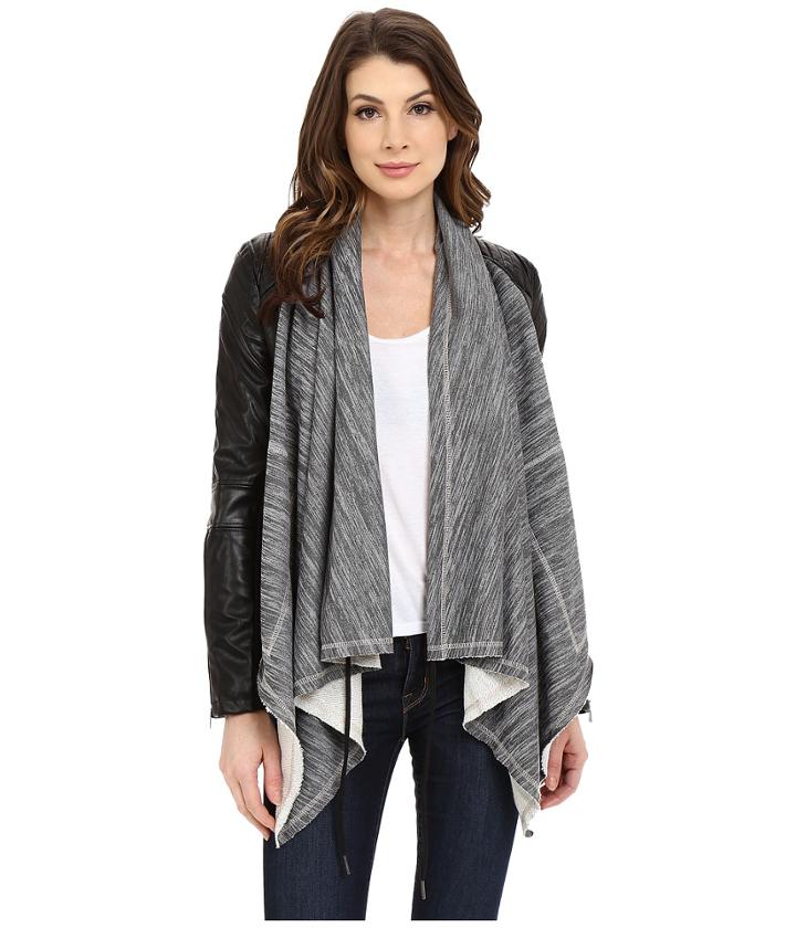 Blank Nyc - Vegan Leather Sleeved French Terry Drape Front Jacket