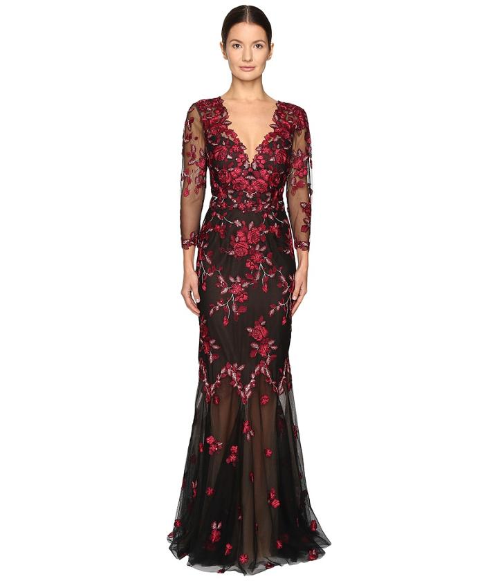 Marchesa Notte - Threadwork Embroidered Gown With 3/4 Sleeves
