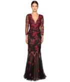 Marchesa Notte - Threadwork Embroidered Gown With 3/4 Sleeves