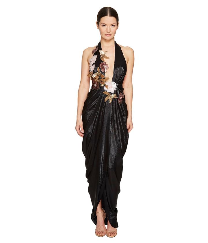 Marchesa - Halter Grecian Gown W/ 3d Sequin Flower Corsages