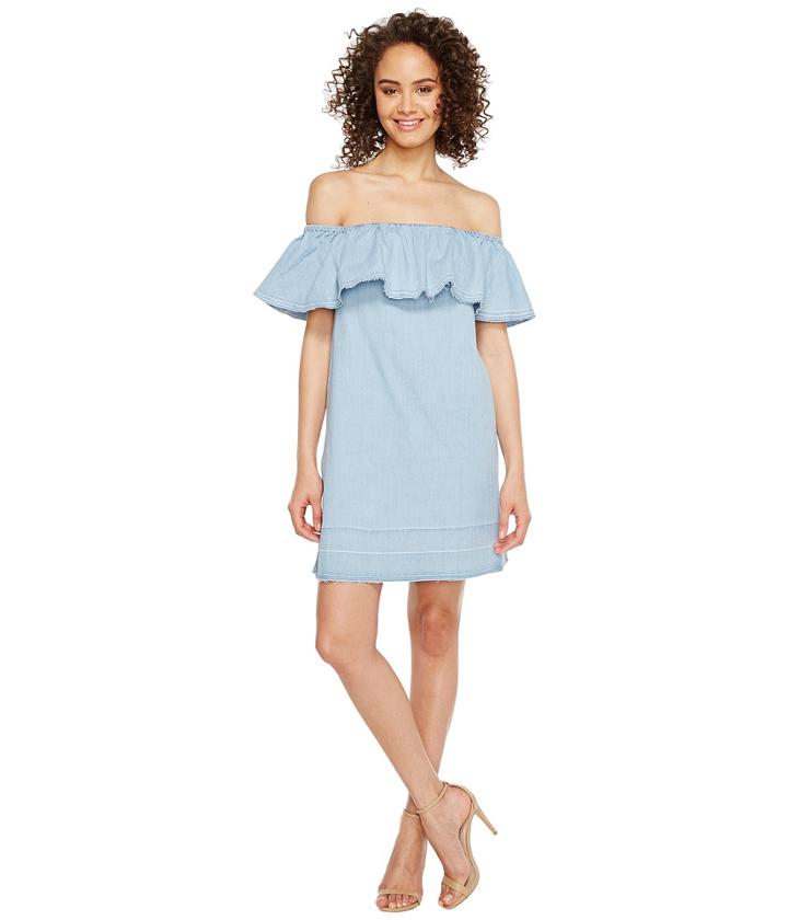 7 For All Mankind - Off The Shoulder Denim Dress W/ Released Hem In Cool Wave Blue