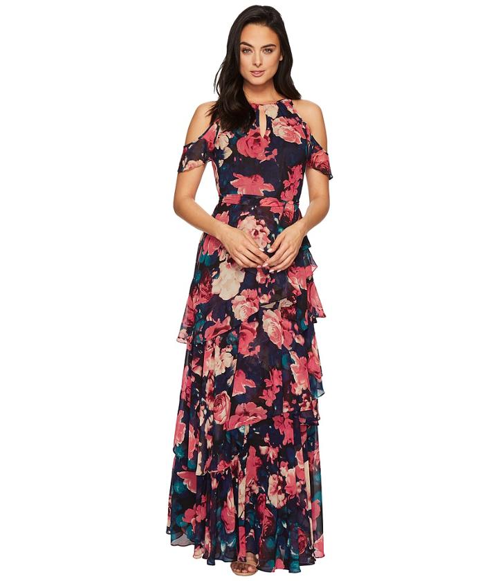Tahari By Asl - Chiffon Keyhole Floral Gown