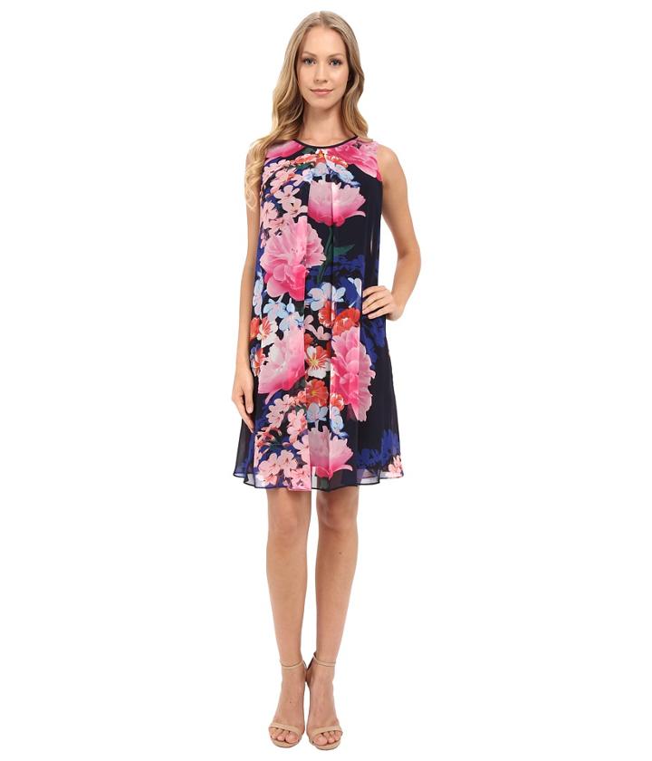 Vince Camuto - Printed Chiffon Overlay Underdress With Binding Pleat