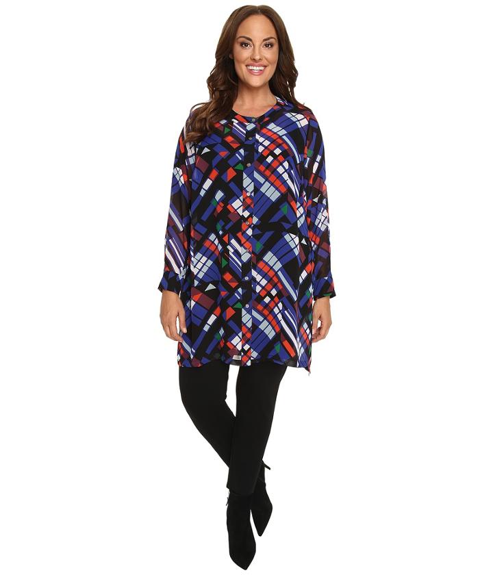 Vince Camuto Plus - Plus Size Long Sleeve Graphic Map Button Front Blouse