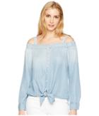 Tribal - Printed Lyocell Denim Tie Front Off Shoulder Shirt