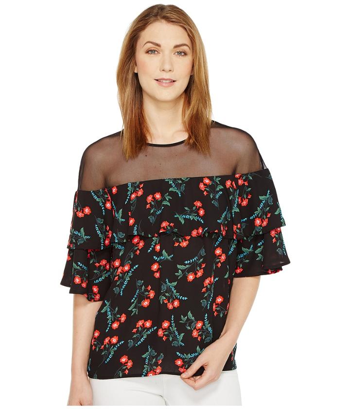 Vince Camuto - Short Sleeve Babydoll Tropic Spritz Mesh Yoke Blouse