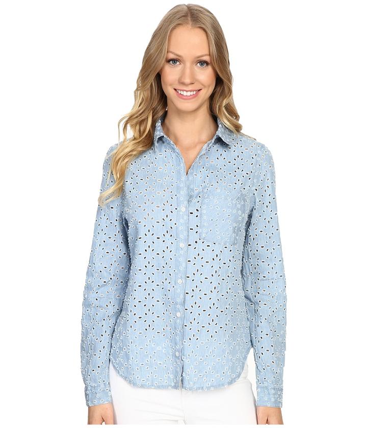 Dylan By True Grit - Peekaboo Chambray Stonewashed Denim Long Sleeve One-pocket Shirt